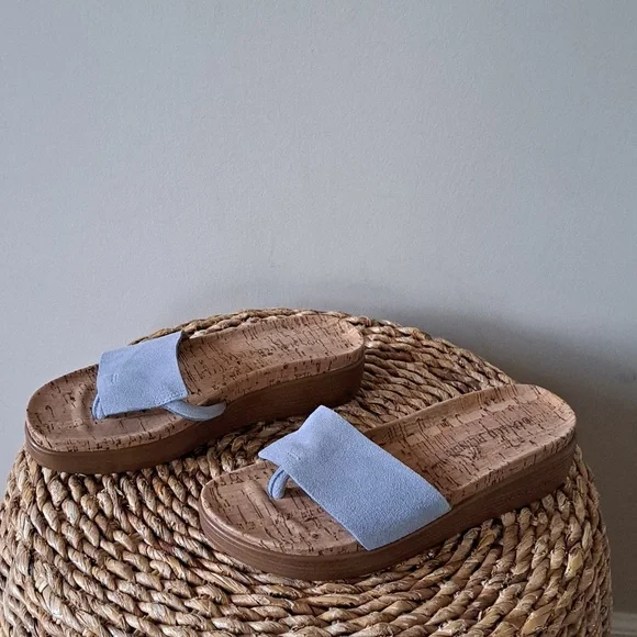 NWOT Donald Pliner Womens Fifi Blue Suede Strap/Molded Cork Wedge Sandals 7.5 - Picture 2 of 8